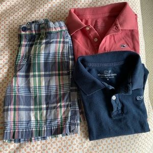 Madras shorts and 2 golf shirts.